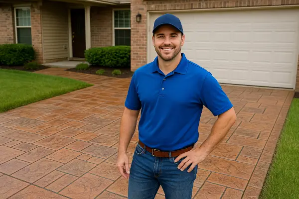 a concrete contractor smiling at the camera with stamped concrete behind him from Concrete Contractor Kyle in Austin, TX - Austin TX