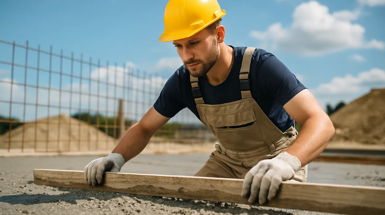 a male concrete worker spreading fresh cement on rebared ground from Concrete Contractor Kyle in Buda, TX - Buda TX