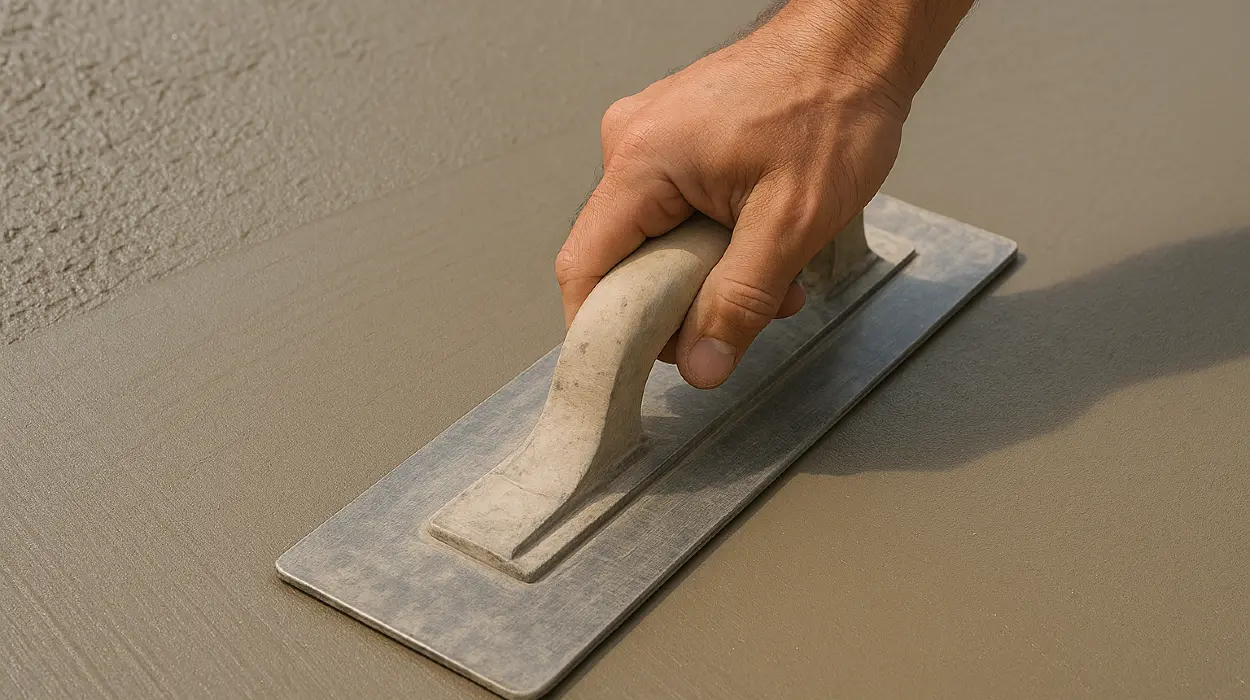 a hand trowel being used on a fresh cement slab to smooth it from Concrete Contractor Kyle in Kyle, TX - Commercial Concrete Projects