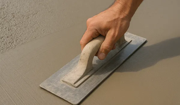 a hand trowel being used on a fresh cement slab to smooth it from Concrete Contractor Kyle in Kyle, TX - Commercial Concrete Projects
