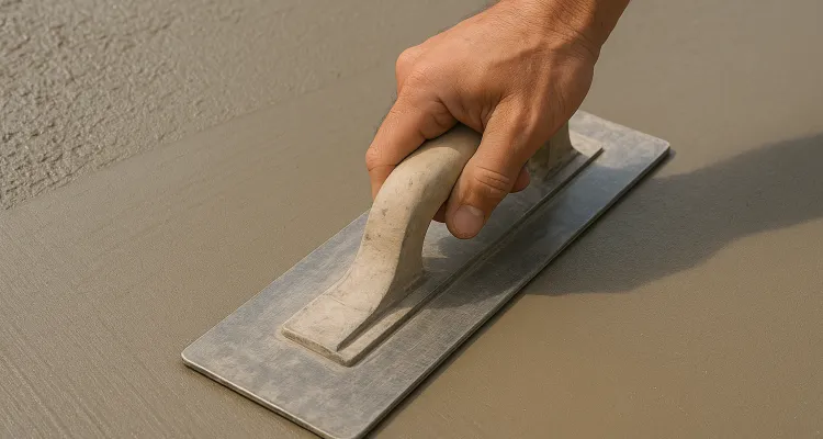 a hand trowel being used on a fresh cement slab to smooth it from Concrete Contractor Kyle in Kyle, TX - Commercial Concrete Projects
