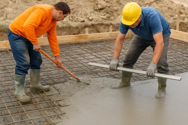 2 workers spreading fresh cement on a rebared ground from Concrete Contractor Kyle in Kyle, TX - Concrete parking lot Installation 2 workers spreading fresh cement on a rebared ground from Concrete Contractor Kyle in Kyle, TX - Concrete parking lot Installation