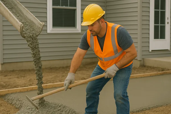 a man spreading the cement that a truck is pouring on the ground from Concrete Contractor Kyle in Kyle, TX - Concrete resurfacing Services