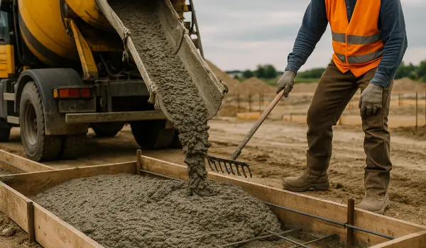 a concrete truck pouring cement on a concrete form from Concrete Contractor Kyle in Kyle, TX - Concrete Walkways