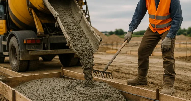a concrete truck pouring cement on a concrete form from Concrete Contractor Kyle in Kyle, TX - Concrete Walkways