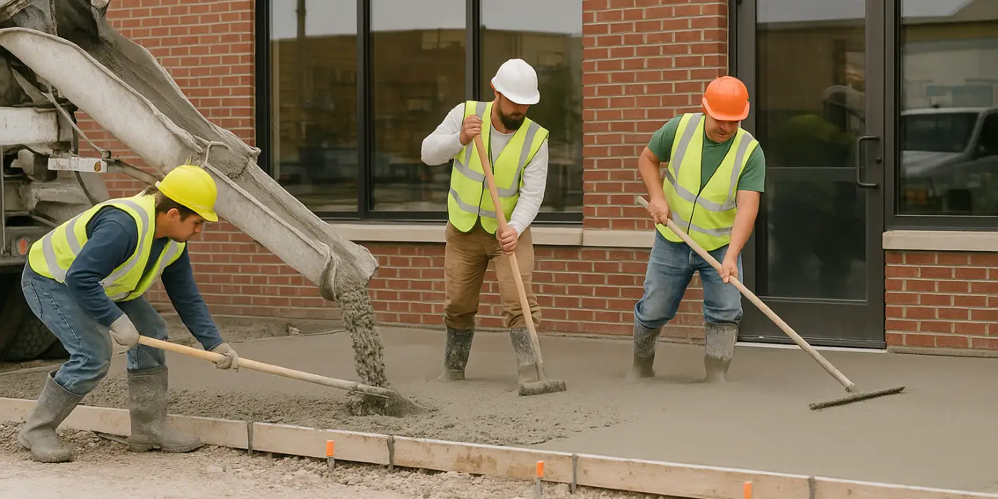 3 concrete contractors spreading concrete on the ground for a sidewalk from Concrete Contractor Kyle in Kyle, TX - Residential concrete projects 3 concrete contractors spreading concrete on the ground for a sidewalk from Concrete Contractor Kyle in Kyle, TX - Residential concrete projects