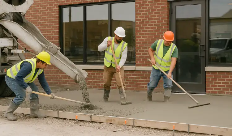 3 concrete contractors spreading concrete on the ground for a sidewalk from Concrete Contractor Kyle in Kyle, TX - Residential concrete projects