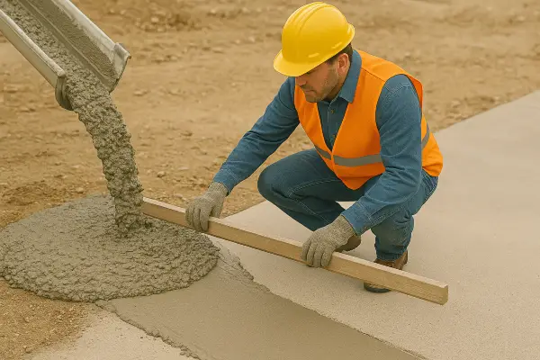 a concrete worker using a piece of wood to spread fresh cement for a sidewalk from Concrete Contractor Kyle in Kyle, TX - Residential concrete projects a concrete worker using a piece of wood to spread fresh cement for a sidewalk from Concrete Contractor Kyle in Kyle, TX - Residential concrete projects
