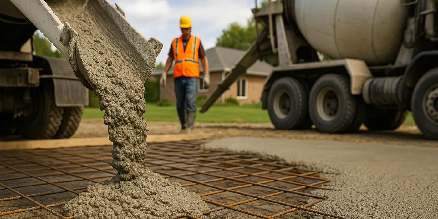 Cement truck pouring cement on a rebared ground from Concrete Contractor Kyle in San Marcos, TX - San Marcos TX