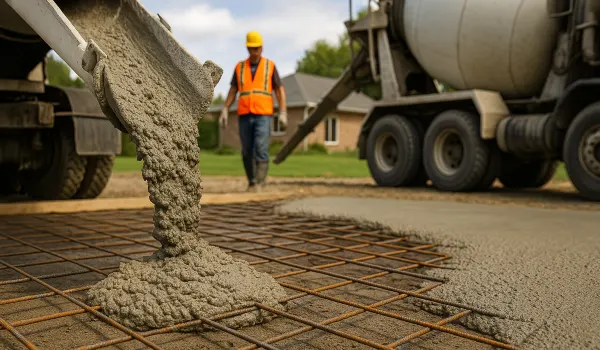 Cement truck pouring cement on a rebared ground from Concrete Contractor Kyle in San Marcos, TX - San Marcos TX