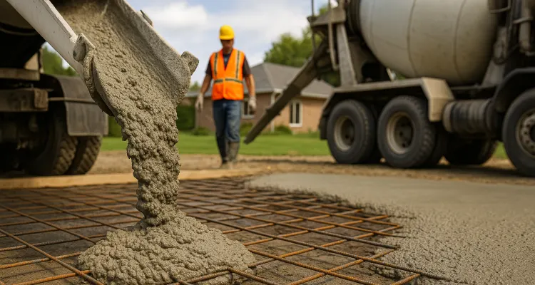 Cement truck pouring cement on a rebared ground from Concrete Contractor Kyle in Kyle, TX - Sidewalk Repair and Replacement