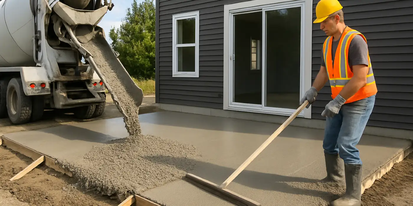 a man spreading the cement a truck is pouring to build a patio from Concrete Contractor Kyle in Kyle, TX - Stamped Concrete Services