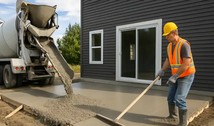 a man spreading the cement a truck is pouring to build a patio from Concrete Contractor Kyle in Kyle, TX - Stamped Concrete Services