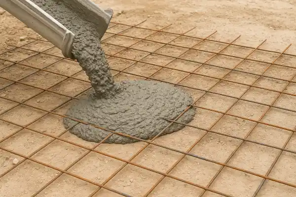 a cement truck pouring cement on a rebared ground from Concrete Contractor Kyle in Kyle, TX - Stamped Concrete Services